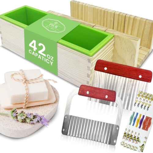 42oz Loaf Mold Soap Making Supplies Kit, Included Adjustable Wooden Cutting Box + Rectangular Loaf Mold with Wooden Box + Stainless Steel Wavy+Straight Cutter + Soap Wrappers for DIY Soap Making