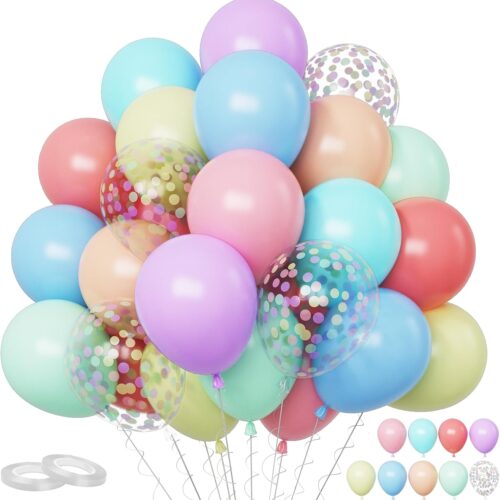 Macaron Balloons - 60 Pcs Latex Balloon, 12 Inch Colorful Confetti for Birthday, Baby Shower, Wedding, Rainbow, Pastel Party Decoration