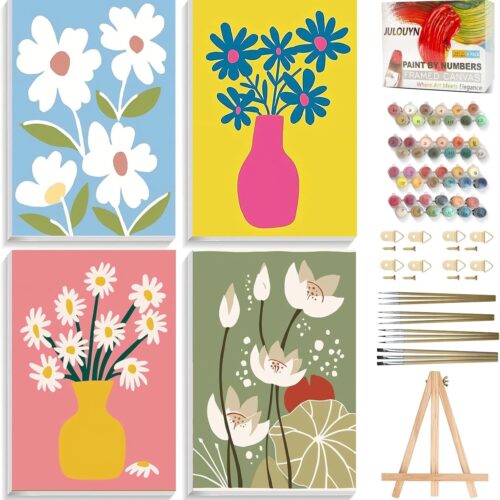 4 Pack Paint by Numbers Kit for Adults with Framed, Flowers Simple Easy Paint by Number Kits On Canvas with Wooden Easel, Floral Painting by Numbers for Beginner Gift Home Decor 8x12 in