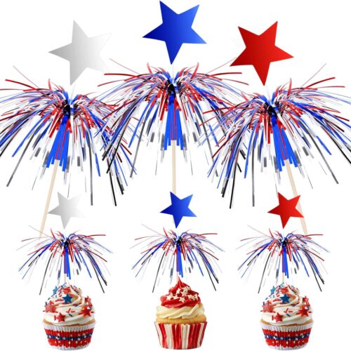 4th of July Cocktail Picks 100Pcs, Patriotic Firework Picks with Red White Blue Stars Cocktail Sticks Cupcake Toppers Toothpicks for 4th of July Party Food Drinks Appetizers Picks Decorations