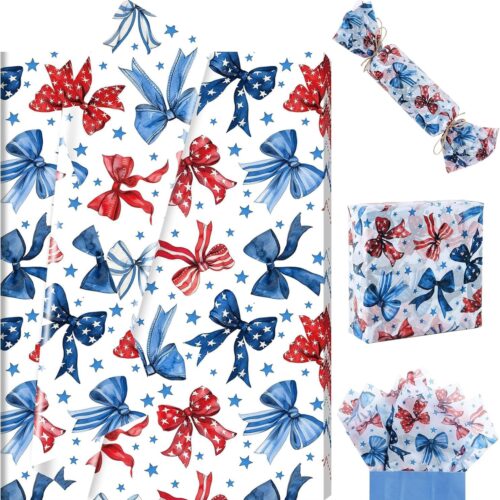 100 Sheet Red White Blue Bows Tissue Paper, Patriotic Ribbons Patterns Gift Wrapping Paper for 4th of July DIY Crafts Independence Day Veteran's Day Party Supplies, 13.8 x 19.7 Inch
