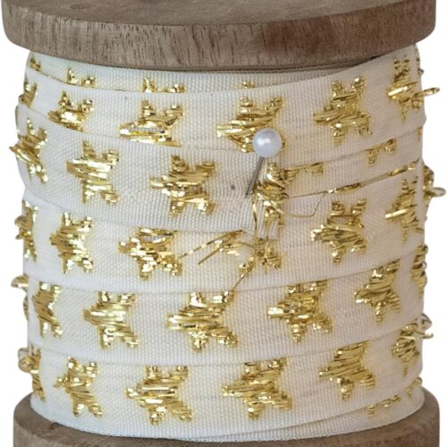 10-Yard Fabric Ribbon on Wood Spool with Metallic Stars, Natural and Gold