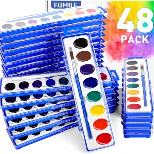 Watercolors Paint Set Bulk,48 Pack 8 Washable Bright Colors with Paintbrush.Watercolors Paint Set Kids for Parties,Art Lessons,Birthday Party Favor,valentines for kids classroom,All Ages.