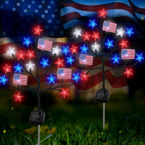 Upgraded 4th of July Decorations Outdoor Lights, 2 Packs 40LED Solar Red White and Blue Star & Flag Stake Lights, Waterproof Memorial Day Decorations Patriotic Lights for Garden Yard Pathway Grave