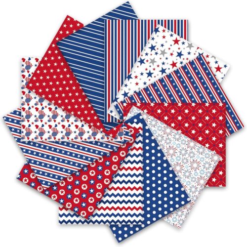 12Pcs Patriotic Cotton Fabric Bundles 10 x 10 Inch Star Firework Fat Quarters 4th of July Sewing Fabrics for Independence Day Party Decor DIY Crafts