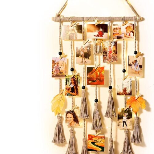 Hanging Photo Display Wall Decor, Gray Macrame Wall Hanging Boho Room Decor, Picture Frame Collage Board with Remote Light 30 Clips, Bedroom Home Decor, Christmas Mom Grandma Teen Girl Gifts