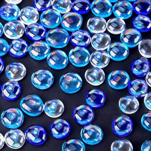 65PCS Iridescent Blue Flat Marbles, Decorative Glass Pebbles Beads Vase Fillers Decorative Fish Tank Aquarium Rocks for Centerpieces Table Decor