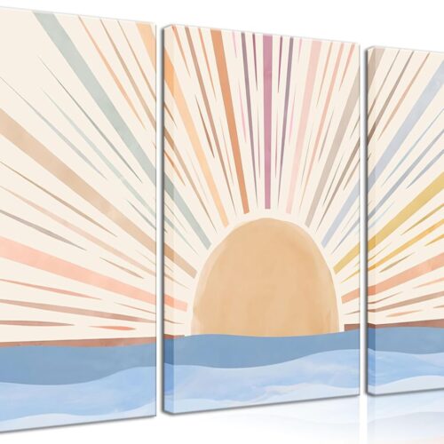 3Pcs Framed Boho Canvas Wall Art Sun Sunrise Yellow Line Pictures Prints Wall Decor Modern Mid Century Rainbow Posters Nature for Living Room Bedroom Bathroom Office Home Decoration12x16inx3