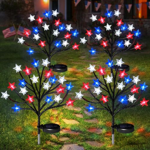 4th of July Solar Star Tree Lights Decorations Outdoor, Waterproof Red White and Blue Lights for Fourth of July Decor, Patriotic Decorations for Garden Yard Pathway Patio (2)