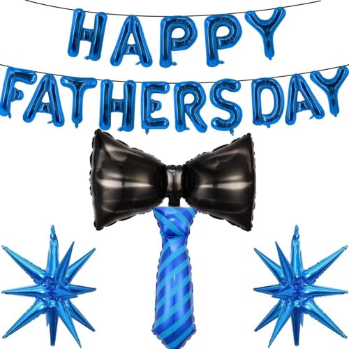 Fathers Day Balloons Blue Happy Fathers Day Balloon Banner Black Bow Tie Blue Star Necktie Balloons for Happy Father's Day Themed Party Supplies Decorations Balloon Set-19 Pcs