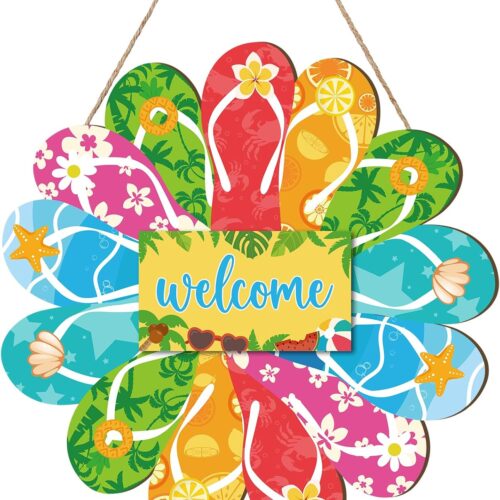 Summer Slippers Hanging Sign Flip Flop Shape Welcome Wooden Door Sign with Rope Rustic Wall Sign for Summer Yard Indoor Outdoor Front Door Decor, 11.8 Inch