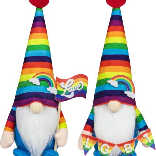 Pride Gnome Decorations - 2PCS Pride Rainbow Gnomes Plush Holding Love Flag LGBT Sign for Home Table Tiered Tray Party Decor Supplies Gifts