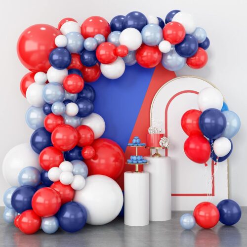 Red Blue White Balloons Arch Garland for Baseball Party Decorations Labor Nautical Balloons Navy Pearl Light Blue Latex Balloon for Hero Birthday Britain Sporting 4th of July Independence Day