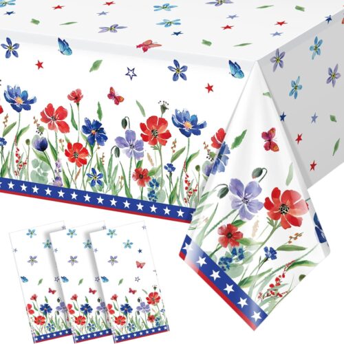 3 Pack Patriotic Poppy Flower Tablecloth Decorations, 4th of July Plastic Table Cover, Watercolor Red White and Blue Party Decorations for Patriotic Independence Veterans Memorial Day, 54 x 108 Inch