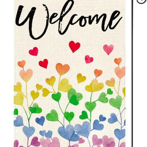 Love Hearts Rainbow Pride Garden Flag 12x18 Inch Double Sided, LGBTQ+ Community Progress Equality Welcome Yard Outdoor Flag