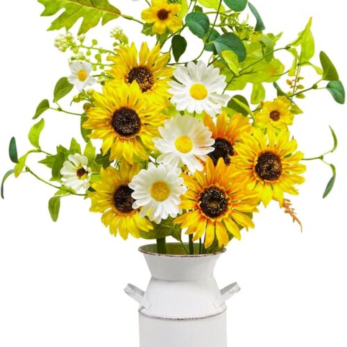 23.5" Faux Flowers in Vase, Silk Sunflower Artificial Flowers with Metal Pot Fake Sunflowers with Vase Flowers Arrangement Centerpieces for Table Kitchen Dining Living Room Home Spring Decor