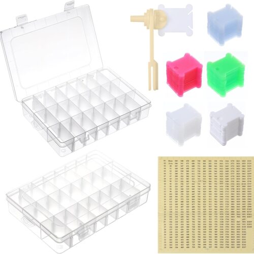 2 Pack Embroidery Floss Organizer with 24-Grid Detachable Boxes, Embroidery Thread Storage Set Includes 1 Winders, 300 Bobbins & 2 Number Stickers for Crafting