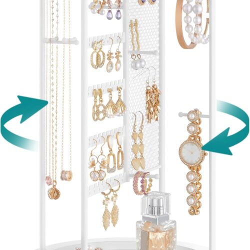 Jewelry Stand, Rotating Jewelry Display, 4 Independent Sections, Metal Frame, with Bottom Tray, Jewelry Organizer for Necklaces, Bracelets, Earrings, Rings, Gift Idea, White UJJS023W01