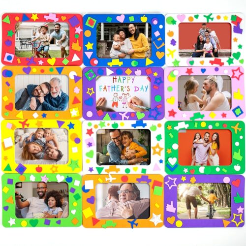 DIY Foam Picture Frame Craft Kit, 12-Pack of 4x6-Inch Colorful Picture Frames with 500+ Punch Out Stickers & Easels, Back to School Arts & Craft Activity, Perfect for Projects