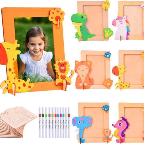 Photo Frame Craft Kit - DIY Arts & Crafts Painting Kits for Kids Ages 8-12 6-8, Girls Boys Easter Gifts,12 Pack Unfinished Wooden Photo Frames for Mother's Day Father's Day (Animal A)