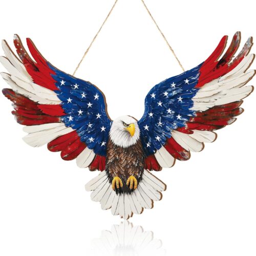 1 Pcs 4th of July Hanging Door Sign 2d Memorial Day Wreath Decorations Patriotic Door Hanger American Rustic Wooden Plaque for Wall Front Porch Farmhouse Decor (Usa Eagle)