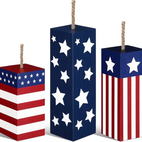 3 Pcs 4th of July Wood Firecracker Decorations Sign Patriotic Table Centerpieces Glitter Red White Blue Star Firework Tabletop Signs American Flag Independence Day Tiered Tray Decor for Home