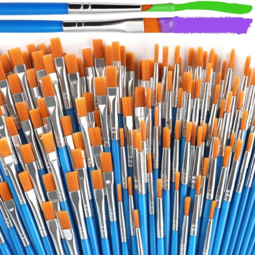 100 Pcs Paint Brushes Set for Acrylic Painting, 50 Pcs Flat and 50 Pcs Round Art Paint Brushes, Painting Brushes for Kids Adults Oil Watercolor Rock Painting Body Face Nail Art