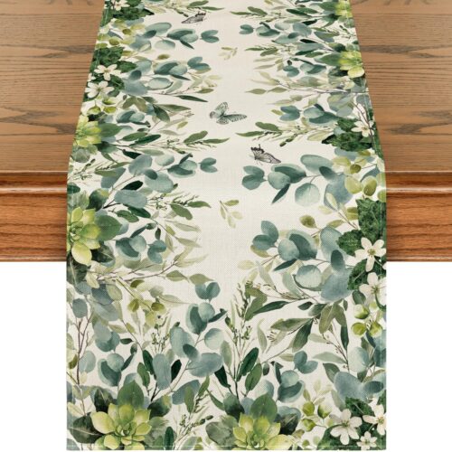 Green Flowers Floral Eucalyptus Summer Table Runner, Seasonal Spring Kitchen Dining Table Decoration for Home Party Decor 13x72 Inch