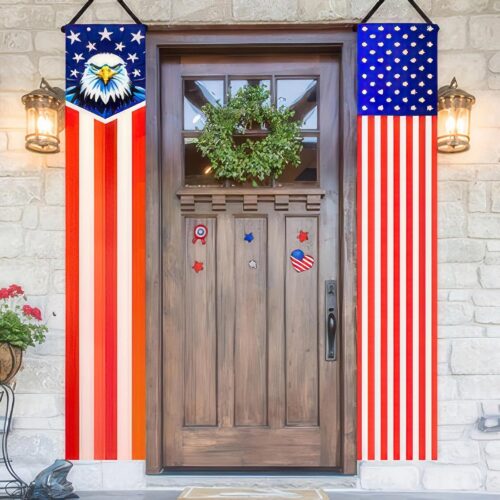 4th of July Decorations 2Pcs Patriotic Decor Door Banner American Flag USA Banners Hanging Porch Signs for Independence Memorial Day Veterans Day Labor Days for Yard Indoor Outdoor Supplies