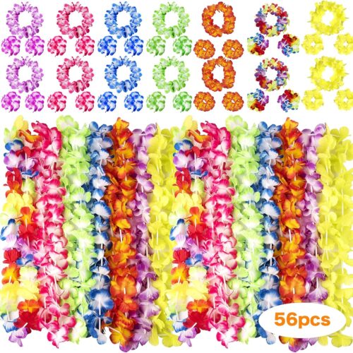 56 Counts Hawaiian Leis, Luau Party Supplies of Elastic Flowers Necklaces, Headbands and Wristbands - Tropical Hawaiian Decorations, Beach Party Decorations, Birthday Party Favors