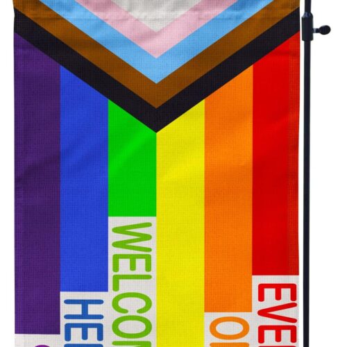 Pride Progress Garden Flag, Everyone is Welcome Here Small Yard LGBTQ Rainbow Garden Flag for Pride Month Outside Outdoor Hanging Decorations 12x18 Inch Double Sided