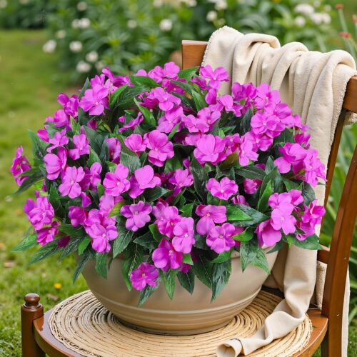 6 Bundles Artificial Impatiens Flowers for Outdoors Decoration, Silk Flowers Bouquet Fake Plants UV Resistant for Spring Summer Garden Porch Window Box Balcony Home Decor, Fuchsia