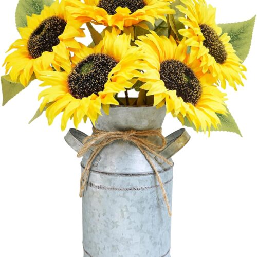 Artificial Sunflowers in Rustic Galvanized Metal Milk Vase 12" Tall Farmhouse Centerpiece Yellow Silk Sunflower Stems Floral Arrangements for Country Fall Wedding Home Kitchen Table Décor