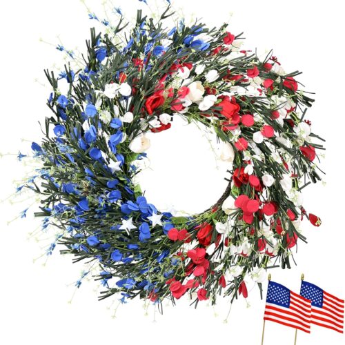 Patriotic 4th of July Wreath for Front Door,20 Inch Red White and Blue Wreaths for Front Door with 12 Encrypted Flower Branches,Independence Day, Memorial Day, Flag Day Décor for Home and Porch