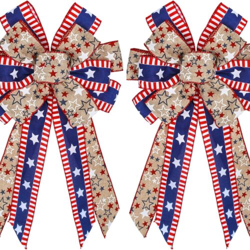 2Pcs Patriotic Large Wreath Bow Red Blue White Stars and Stripes Bow 4th of July Burlap Ribbon Bow for Indoor Outdoor Bunting Wreath Holiday Independence Day Party Door Wall Decoration