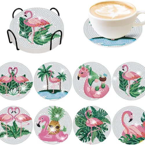 8 Pcs Summer Flamingo Diamond Coasters with Holder DIY Summer Flamingo Diamond Art Coasters Cute Diamond Art Coaster for Beginners Adults Art Craft Supplies for Gift