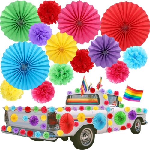 48 Pcs LGBTQ Pride Car Decorations with Adhesive Magnetic Sheet 24 Pcs 8" 12" 16" Paper Fans 24 Pack Paper Pom Poms Rainbow Tissue Flowers for Pride Day Month Party Decor Festival Parades