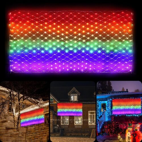 LGBTQ Pride Flag Outdoor 6.6 x 3.3 Foot, 8 Modes Rainbow String Lights with 384 Super Bright LED, Vivid Colors Waterproof Pride Decorations, Progress Pride Flag for Pride Month, Room, Party and Yard