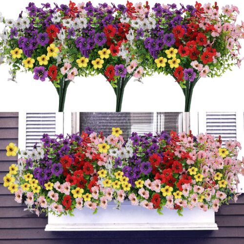 12 Bundles Artificial Flowers for Outdoors, Realistic UV Resistant Fake Silk Flowers Outside, Fade Resistant Faux Flowers for Outdoor Planters, Window Box, Porch-Mix Color