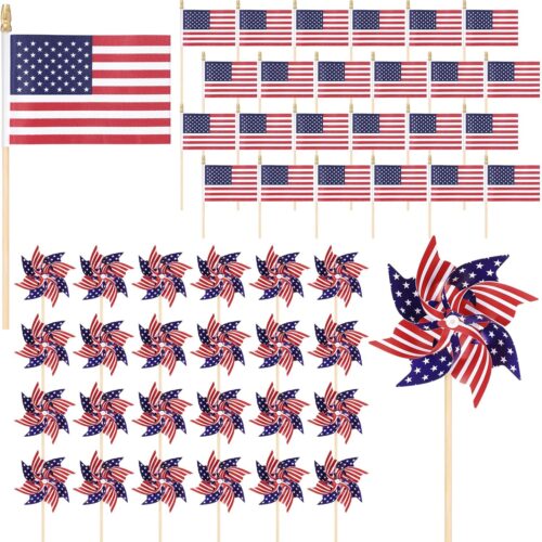 48 Pcs Outdoor 4th of July Decoration Patriotic America Flag and Pinwheel 24 Independence Day Windmill Wind Spinner with Stake 24 Red White Blue America Flag on Stick for Party Yard Decor