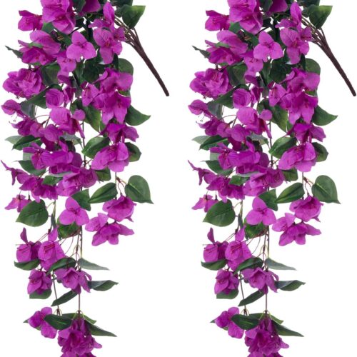 Artificial Fake Hanging Flowers Plants for Outdoor Outside Decor, 2 PCS Faux Silk Bougainvillea Long Vines UV Resistant Realistic Faux Hanging Flowers for Home Porch Patio Balcony Yard, Purple