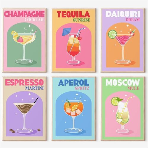 6 Pack Retro Cocktail Paint by Numbers Kit for Adults Beginner,Vintage Easy Paint by Number on Canvas,Acrylic oil watercolor Painting kit Arts and Crafts for Bar Party Room Wall Decor (8x12 inch)