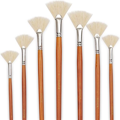 Artist Fan Paint Brush Set of 7, White Hog Bristle Natural Hair Anti-Shedding Brush Tips, Long Wooden Handle for Comfortable Holding, Great for Acrylic Watercolor Oil Painting