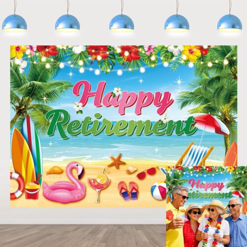 Hawaiian Theme Retirement Decorations Banner Tropical Beach Backdrop Celebrating Retirement Party Cake Table Decor Background (7x5FT（210x150cm）)