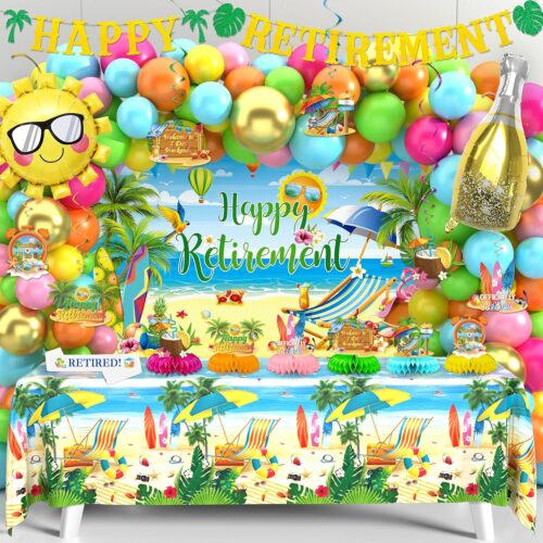 Beach Luau Retirement Decoration - Summer Themed Happy Retirement Party Supplies with Hanging Swirl Honeycomb Centerpiece Banner Balloon Arch Kit for Tropical Hawaii Pool Retired Party Decor