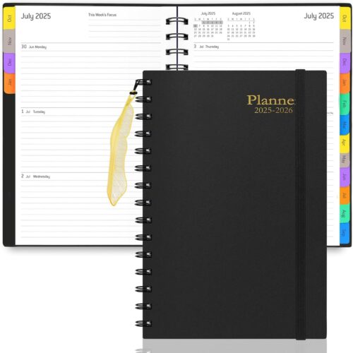 Daily Planner 2025-2026, 18 Month with Tabs, July 2025-December 2026, 2025 Planner Weekly and Monthly, Academic Year Calendar Planner, Time Management Manual, 100GSM Thick Paper, A5 Size, Black, Spiral Bound