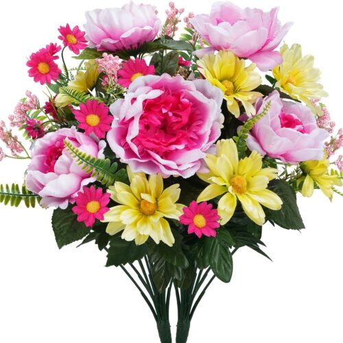 19.3" Silk Peonies Artificial Flowers 2 Bundles - Real Touch Pink Peony & Faux Yellow Gerbera Daisy Wildflowers Bouquets, Grave Floral Arrangements for Wedding Centerpieces, Home Decor, Cemetery
