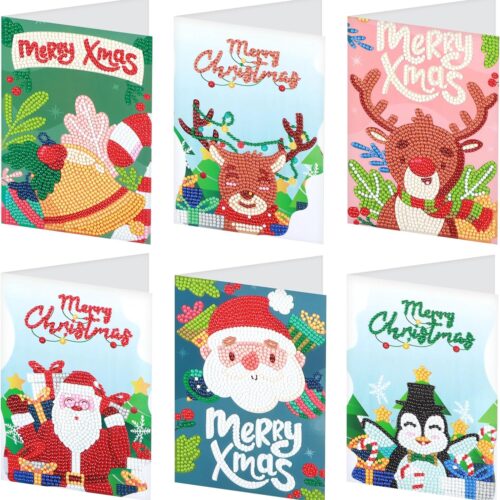 6 Pack 5D Diamond Art Painting Christmas Greeting Card Kits Paint with Diamonds Christmas Greeting Cards with Envelope Christmas DIY Crafts for Holiday, Friends and Family Creative Gift