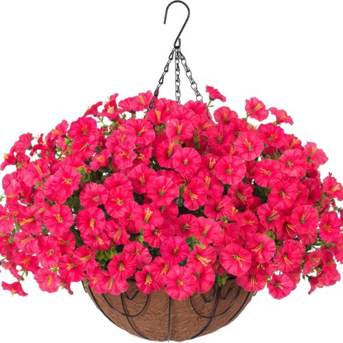 Artificial Faux Hanging Plants Flowers Basket for Outdoor Outside Spring Summer Decoration, Silk Morning Glory in Planter UV Resistant Look Real Fake Flower for Porch Patio Balcony Home Yard, Hot Pink