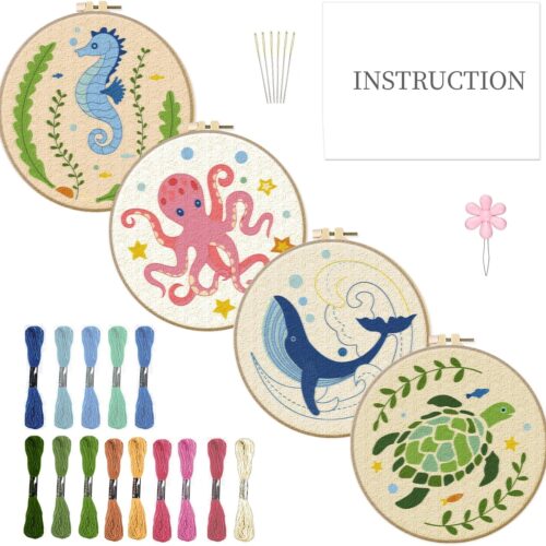 4 Sets Embroidery Kit for Beginners with Sea Animals Pattern DIY Embroidery Kit for Adults Ocean Embroidery Art Kit Turtles/Seahorses/Octopuses/Whales Cross Stitch Kit with Embroidery Hoops
